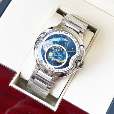 Cartier 316L Steel Case 44*12MM Cowhide Leather/Steel Bracelet Business Men Blue Watch